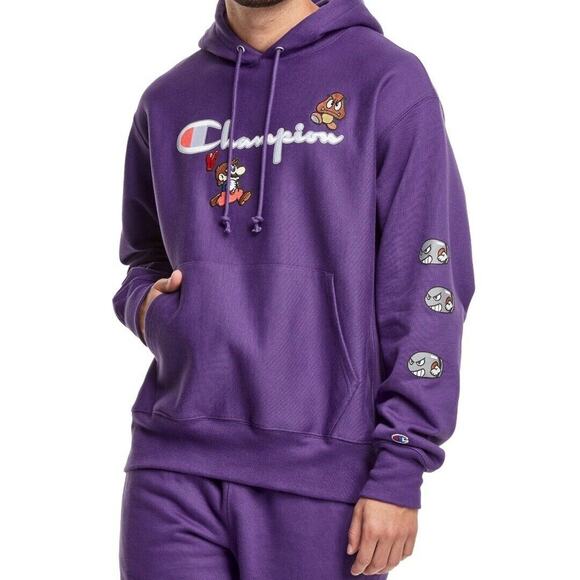NEW Champion x Super Mario Bros Reverse Weave Purple Hoodie Jacket Unisex XS